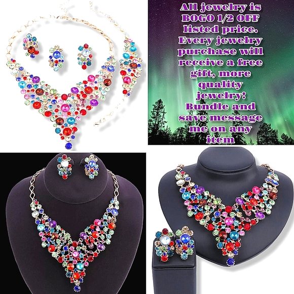 18K gold plated multi color rainbow crystal Necklace earrings set - Picture 2 of 15